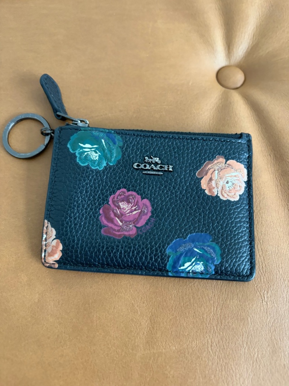 Coach Black Floral Pebbled Leather Mini Skinny ID Card Case with Key Ring